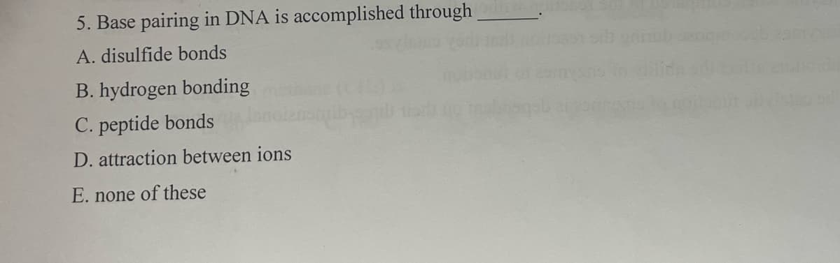 5. Base pairing in DNA is accomplished through
A. disulfide bonds
B. hydrogen bonding
C. peptide bonds
D. attraction between ions
E. none of these
