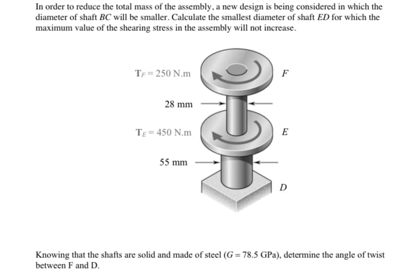 In order to reduce the total mass of the assembly, a new design is being considered in which the
diameter of shaft BC will be smaller. Calculate the smallest diameter of shaft ED for which the
maximum value of the shearing stress in the assembly will not increase.
TF = 250 N.m
F
28 mm
TE = 450 N.m
E
55 mm
D
Knowing that the shafts are solid and made of steel (G= 78.5 GPa), determine the angle of twist
between F and D.
