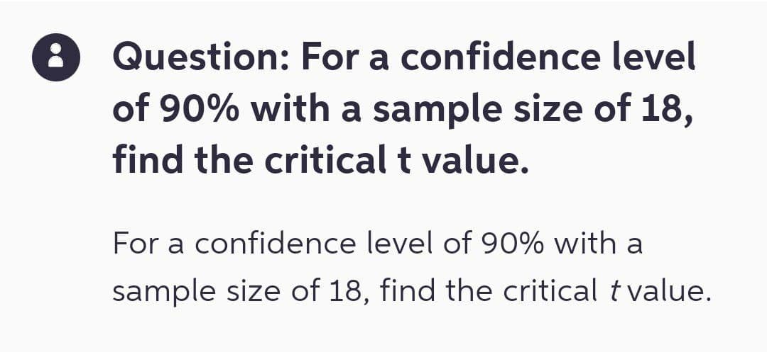 Question: For a confidence level
of 90% with a sample size of 18,
find the critical t value.
For a confidence level of 90% with a
sample size of 18, find the critical tvalue.