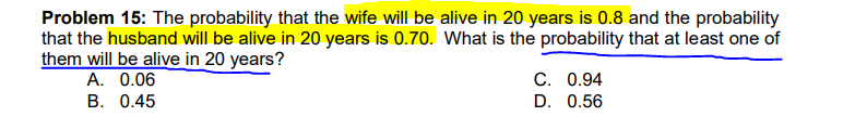 Problem 15: The probability that the wife will be alive in 20 years is 0.8 and the probability
that the husband will be alive in 20 years is 0.70. What is the probability that at least one of
them will be alive in 20 years?
A. 0.06
B. 0.45
C. 0.94
D. 0.56
