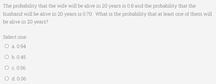 The probability that the wife will be alive in 20 years is 0.8 and the probability that the
husband will be alive in 20 years is 0.70. What is the probability that at least one of them will
be alive in 20 years?
Select one:
O a. 0.94
O b. 0.45
O c. 0.56
O d. 0.06
