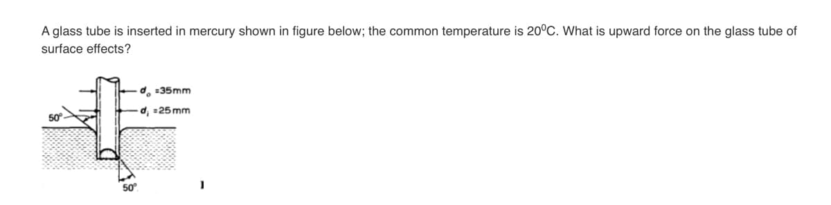 A glass tube is inserted in mercury shown in figure below; the common temperature is 20°C. What is upward force on the glass tube of
surface effects?
50°
50°
do =35mm
d₁ =25mm
1