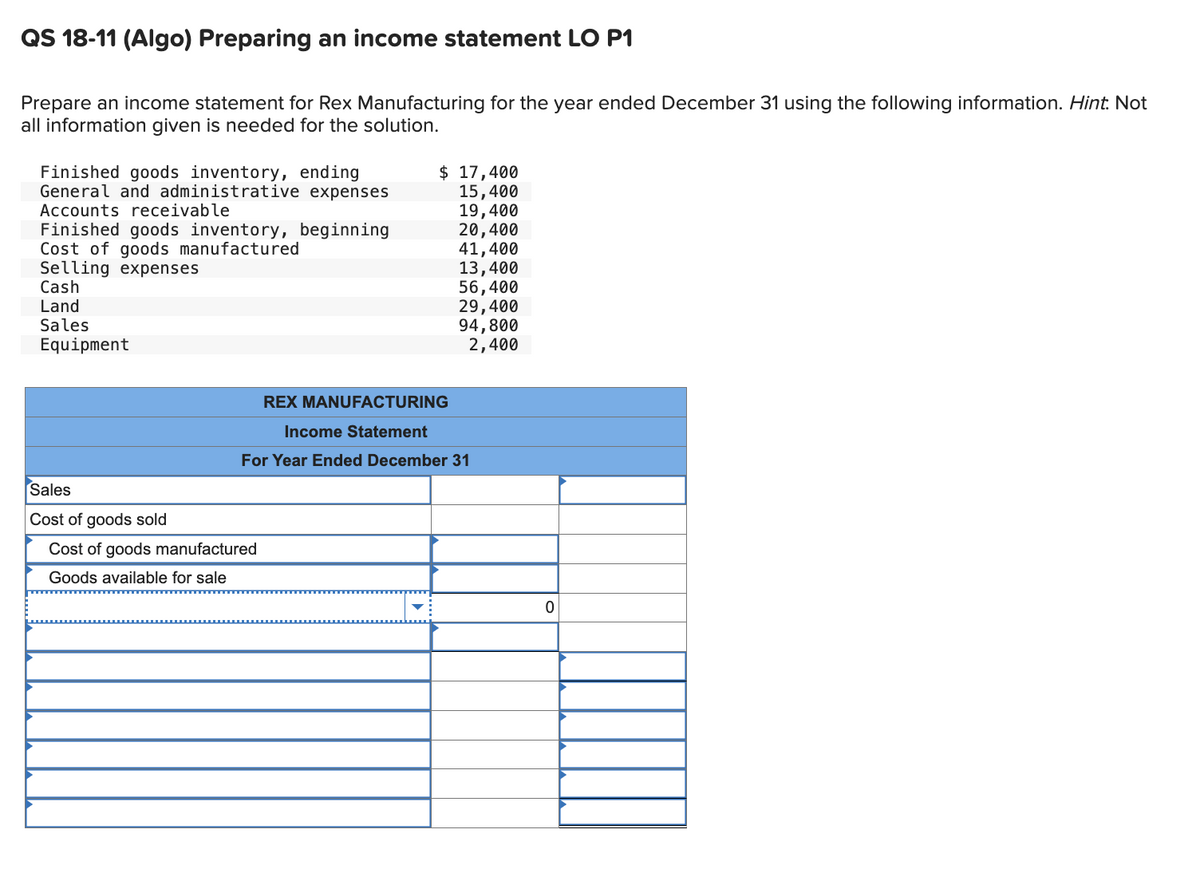 QS 18-11 (Algo) Preparing an income statement LO P1
Prepare an income statement for Rex Manufacturing for the year ended December 31 using the following information. Hint. Not
all information given is needed for the solution.
Finished goods inventory, ending
General and administrative expenses
Accounts receivable
$ 17,400
15,400
19,400
Finished goods inventory, beginning
20,400
Cost of goods manufactured
41,400
Selling expenses
13,400
Cash
Land
Sales
56,400
29,400
94,800
Equipment
2,400
REX MANUFACTURING
Income Statement
For Year Ended December 31
Sales
Cost of goods sold
Cost of goods manufactured
Goods available for sale
0