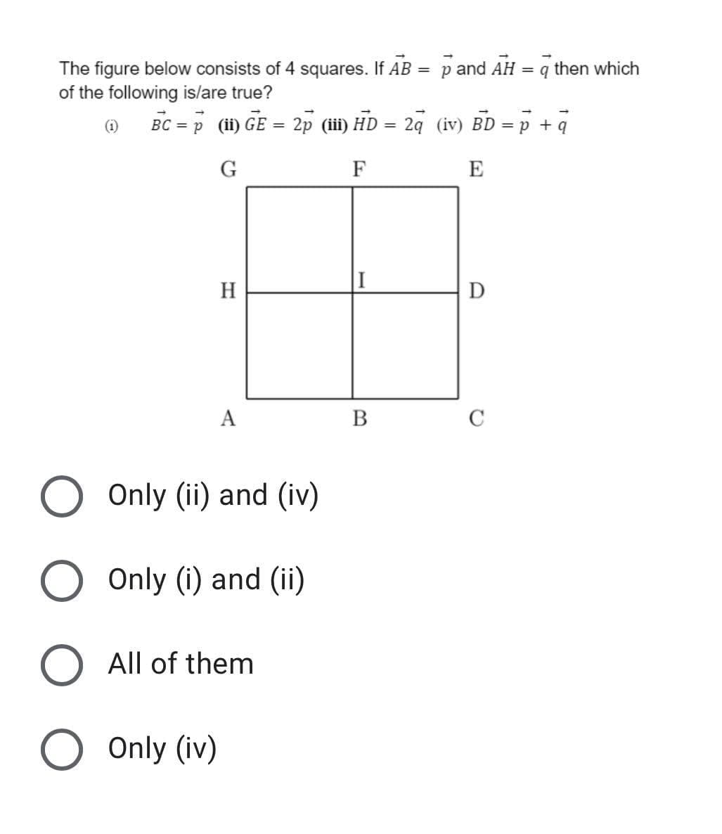 then which
The figure below consists of 4 squares. If AB = p and AH
of the following is/are true?
%3D
O BC = p (ii) GE = 2p (i) HD = 2q (iv) BD
= p + q
G
F
E
H
D
A
В
C
Only (ii) and (iv)
Only (i) and (ii)
All of them
Only (iv)
