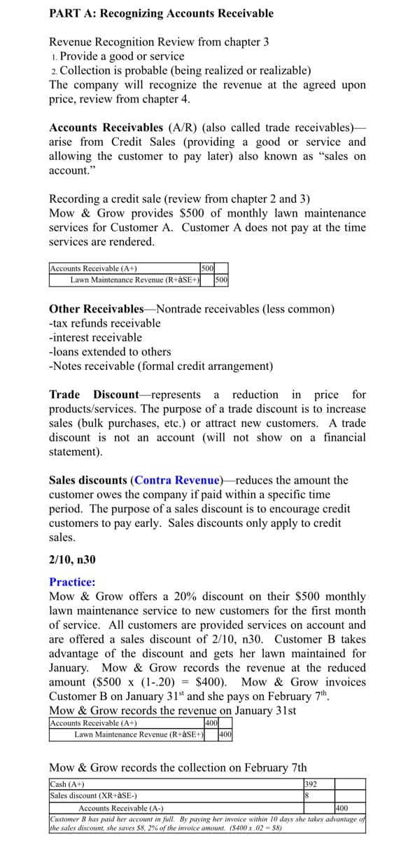 PART A: Recognizing Accounts Receivable
Revenue Recognition Review from chapter 3
1. Provide a good or service
2. Collection is probable (being realized or realizable)
The company will recognize the revenue at the agreed upon
price, review from chapter 4.
Accounts Receivables (A/R) (also called trade receivables)-
arise from Credit Sales (providing a good or service and
allowing the customer to pay later) also known as "sales on
account."
Recording a credit sale (review from chapter 2 and 3)
Mow & Grow provides $500 of monthly lawn maintenance
services for Customer A. Customer A does not pay at the time
services are rendered.
Accounts Receivable (A+)
Lawn Maintenance Revenue (R+àSE+)
500
500
Other Receivables-Nontrade receivables (less common)
-tax refunds receivable
-interest receivable
-loans extended to others
-Notes receivable (formal credit arrangement)
Trade Discount–represents
reduction in price for
a
products/services. The purpose of a trade discount is to increase
sales (bulk purchases, etc.) or attract new customers. A trade
discount is not an account (will not show on a financial
statement).
Sales discounts (Contra Revenue)-reduces the amount the
customer owes the company if paid within a specific time
period. The purpose of a sales discount is to encourage credit
customers to pay early. Sales discounts only apply to credit
sales.
2/10, n30
Practice:
Mow & Grow offers a 20% discount on their $500 monthly
lawn maintenance service to new customers for the first month
of service. All customers are provided services on account and
are offered a sales discount of 2/10, n30. Customer B takes
advantage of the discount and gets her lawn maintained for
January. Mow & Grow records the revenue at the reduced
amount ($500 x (1-.20) = $400). Mow & Grow invoices
Customer B on January 31st and she pays on February 7h.
Mow & Grow records the revenue on January 31st
Accounts Receivable (A+)
Lawn Maintenance Revenue (R+àSE+)
T400
Mow & Grow records the collection on February 7th
Cash (A+)
Sales discount (XR+àSE-)
392
Accounts Receivable (A-)
400
Customer B has paid her account in full. By paying her invoice within 10 days she takes advantage of
the sales discount, she saves $8, 2% of the invoice amount. (S400 x .02 = $8)
