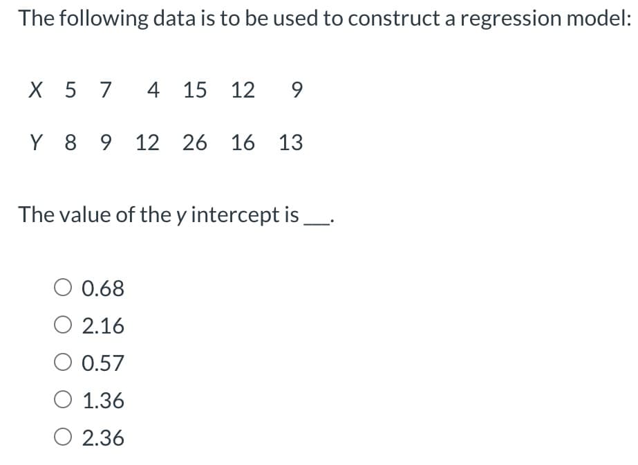 The following data is to be used to construct a regression model:
X 5 7 4 15 12 9
Y 8 9 12 26 16 13
The value of the y intercept is
O 0.68
O 2.16
O 0.57
O 1.36
O 2.36