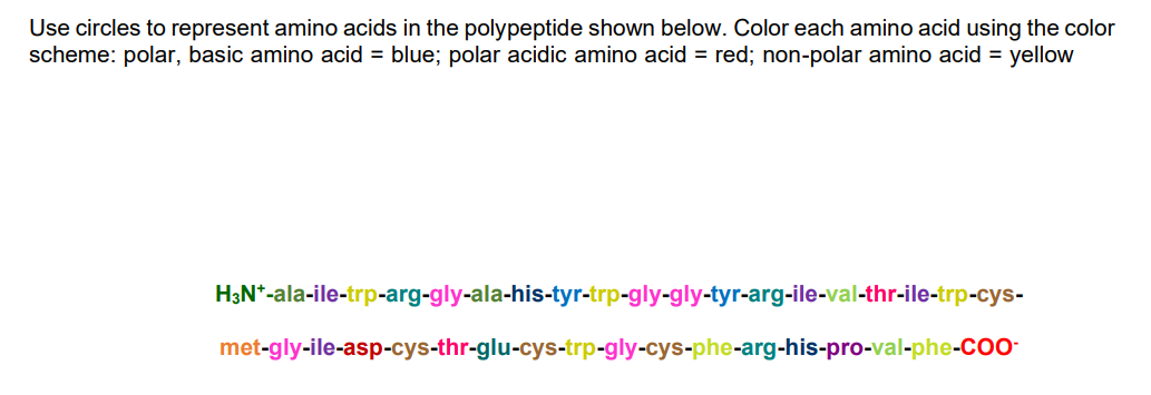 Use circles to represent amino acids in the polypeptide shown below. OColor each amino acid using the color
scheme: polar, basic amino acid = blue; polar acidic amino acid = red; non-polar amino acid = yellow
H3N*-ala-ile-trp-arg-gly-ala-his-tyr-trp-gly-gly-tyr-arg-ile-val-thr-ile-trp-cys-
met-gly-ile-asp-cys-thr-glu-cys-trp-gly-cys-phe-arg-his-pro-val-phe-Co-
