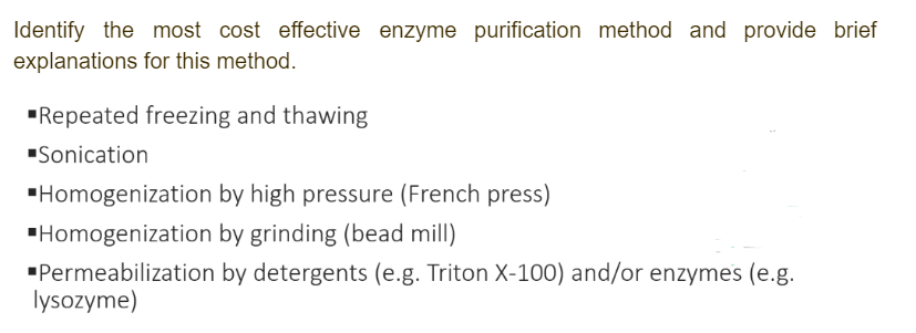 Identify the most cost effective enzyme purification method and provide brief
explanations for this method.
▪Repeated freezing and thawing
▪Sonication
▪Homogenization by high pressure (French press)
▪Homogenization
by grinding (bead mill)
▪Permeabilization
by detergents (e.g. Triton X-100) and/or enzymes (e.g.
lysozyme)