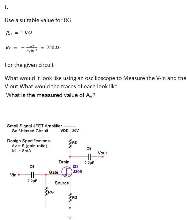 F.
Use a suitable value for RG
Rp = 1 K2
Rs
= 250 2-
8x10
For the given circuit
What would it look like using an oscilloscope to Measure the V-in and the
V-out What would the traces of each look like
What is the measured value of A,?
Small Signal JFET Amplifier
Self-biased Circuit
VDD 20V
Design Specifications:
Av = 9 (gain ratio)
Id = 8mA
C5
Vout
Drain
Q2
2.2µF
C4
Gate
J309
Vin
2.2µF
Source
RG
RS
