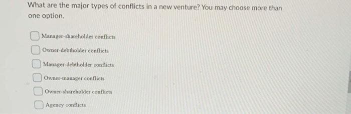 What are the major types of conflicts in a new venture? You may choose more than
one option.
Manager-shareholder conflicts
Owner-debtholder conflicts
Manager-debtholder conflicts
Owner-manager conflicts
Owner-shareholder conflicts
Agency conflicts
