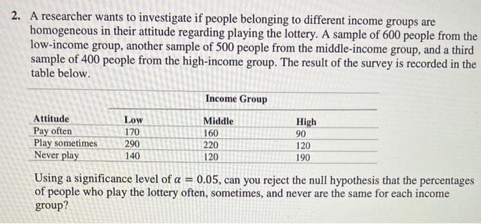 2. A researcher wants to investigate if people belonging to different income groups are
homogeneous in their attitude regarding playing the lottery. A sample of 600 people from the
low-income group, another sample of 500 people from the middle-income group, and a third
sample of 400 people from the high-income group. The result of the survey is recorded in the
table below.
Income Group
Attitude
Low
Middle
Pay often
170
160
Play sometimes
290
220
Never play
140
120
High
90
120
190
Using a significance level of α = 0.05, can you reject the null hypothesis that the percentages
of people who play the lottery often, sometimes, and never are the same for each income
group?