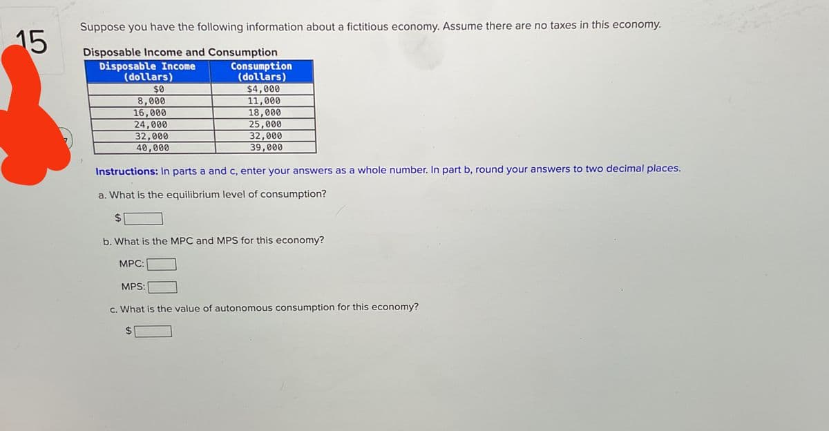 15
Suppose you have the following information about a fictitious economy. Assume there are no taxes in this economy.
Disposable Income and Consumption
Disposable Income
(dollars)
$0
8,000
16,000
24,000
32,000
Consumption
(dollars)
$4,000
11,000
18,000
25,000
32,000
40,000
39,000
Instructions: In parts a and c, enter your answers as a whole number. In part b, round your answers to two decimal places.
a. What is the equilibrium level of consumption?
$
b. What is the MPC and MPS for this economy?
MPC:
MPS:
c. What is the value of autonomous consumption for this economy?
EA