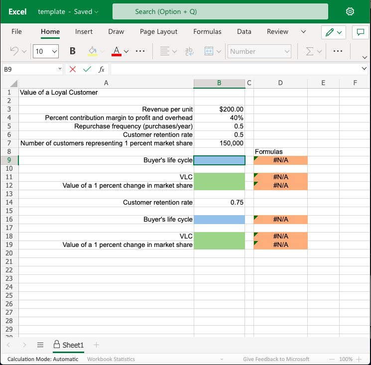 Excel template - Saved
File
D
B9
12345678
9
10
11
12
13
14
15
16
17
18
19
297~~~~~~~23
20
21
24
25
26
28
Home Insert
V 10
G
B
x ✓ fx
Value of a Loyal Customer
Draw
A
Search (Option + Q)
Page Layout
=
...
Sheet1 +
Calculation Mode: Automatic Workbook Statistics
Formulas Data Review
ab
Revenue per unit
Percent contribution margin to profit and overhead
Repurchase frequency (purchases/year)
Customer retention rate
Number of customers representing 1 percent market share
Buyer's life cycle
VLC
Value of a 1 percent change in market share
Customer retention rate
Buyer's life cycle
VLC
Value of a 1 percent change in market share
V
B
Number
$200.00
40%
0.5
0.5
150,000
0.75
C
D
Formulas
#N/A
#N/A
#N/A
#N/A
#N/A
#N/A
| Ev|
Give Feedback to Microsoft
E
LL
ป
F
100% +
<