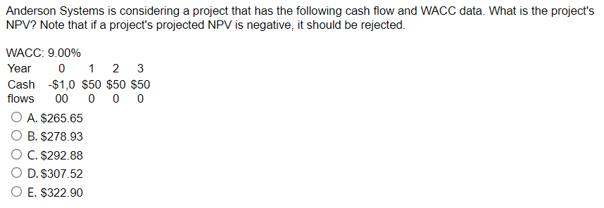 Anderson Systems is considering a project that has the following cash flow and WACC data. What is the project's
NPV? Note that if a project's projected NPV is negative, it should be rejected.
WACC: 9.00%
Year
0
1 2 3
Cash $1,0 $50 $50 $50
flows 00 00 0
O A. $265.65
B. $278.93
C. $292.88
D. $307.52
E. $322.90