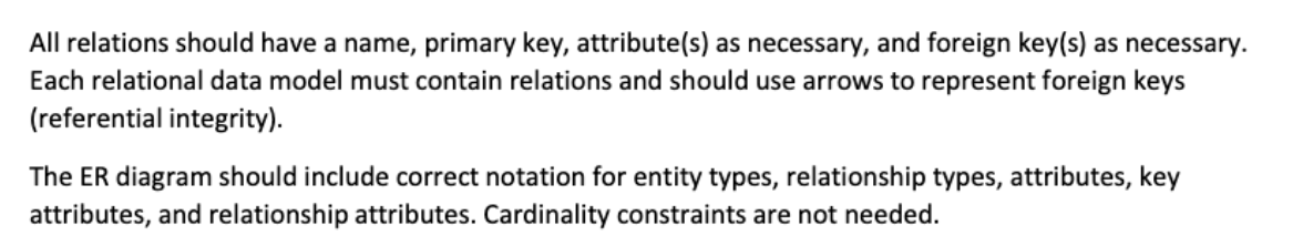 All relations should have a name, primary key, attribute(s) as necessary, and foreign key(s) as necessary.
Each relational data model must contain relations and should use arrows to represent foreign keys
(referential integrity).
The ER diagram should include correct notation for entity types, relationship types, attributes, key
attributes, and relationship attributes. Cardinality constraints are not needed.