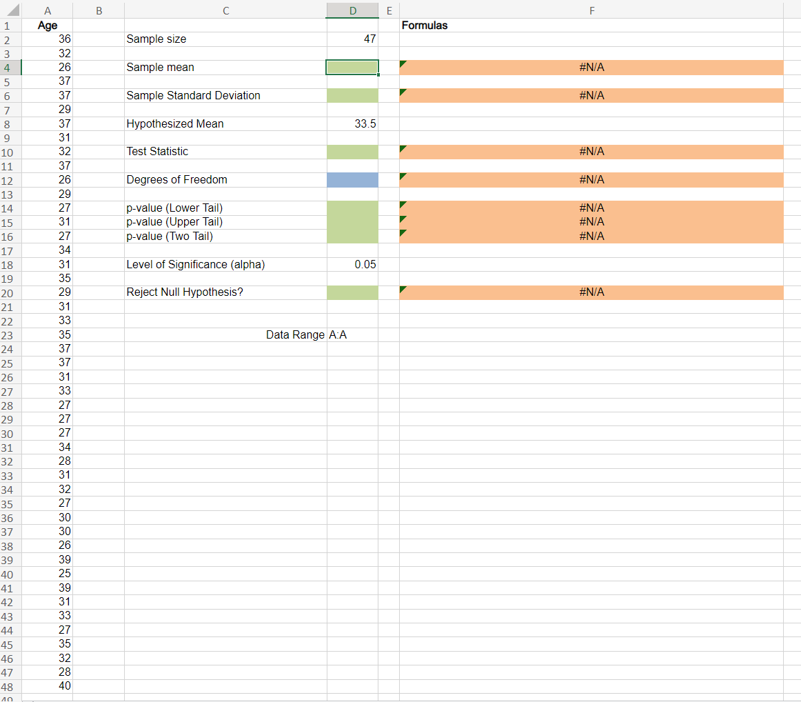 1
2
3
4
5
6
7
8
9
10
11
12
13
14
15
16
17
18
19
20
21
22
23
24
25
26
27
28
29
30
31
32
33
34
35
36
37
38
39
40
41
42
43
44
45
46
47
48
40
A
Age
36
32
26
37
37
29
37
31
32
37
26
29
27
31
27
34
31
35
29
31
33
35
37
37
31
33
27
27
27
34
28
31
32
27
30
30
26
39
25
39
31
33
27
35
32
28
40
B
C
Sample size
Sample mean
Sample Standard Deviation
Hypothesized Mean
Test Statistic
Degrees of Freedom
p-value (Lower Tail)
p-value (Upper Tail)
p-value (Two Tail)
Level of Significance (alpha)
Reject Null Hypothesis?
Data Range A:A
D
47
33.5
0.05
E
Formulas
F
#N/A
#N/A
#N/A
#N/A
#N/A
#N/A
#N/A
#N/A