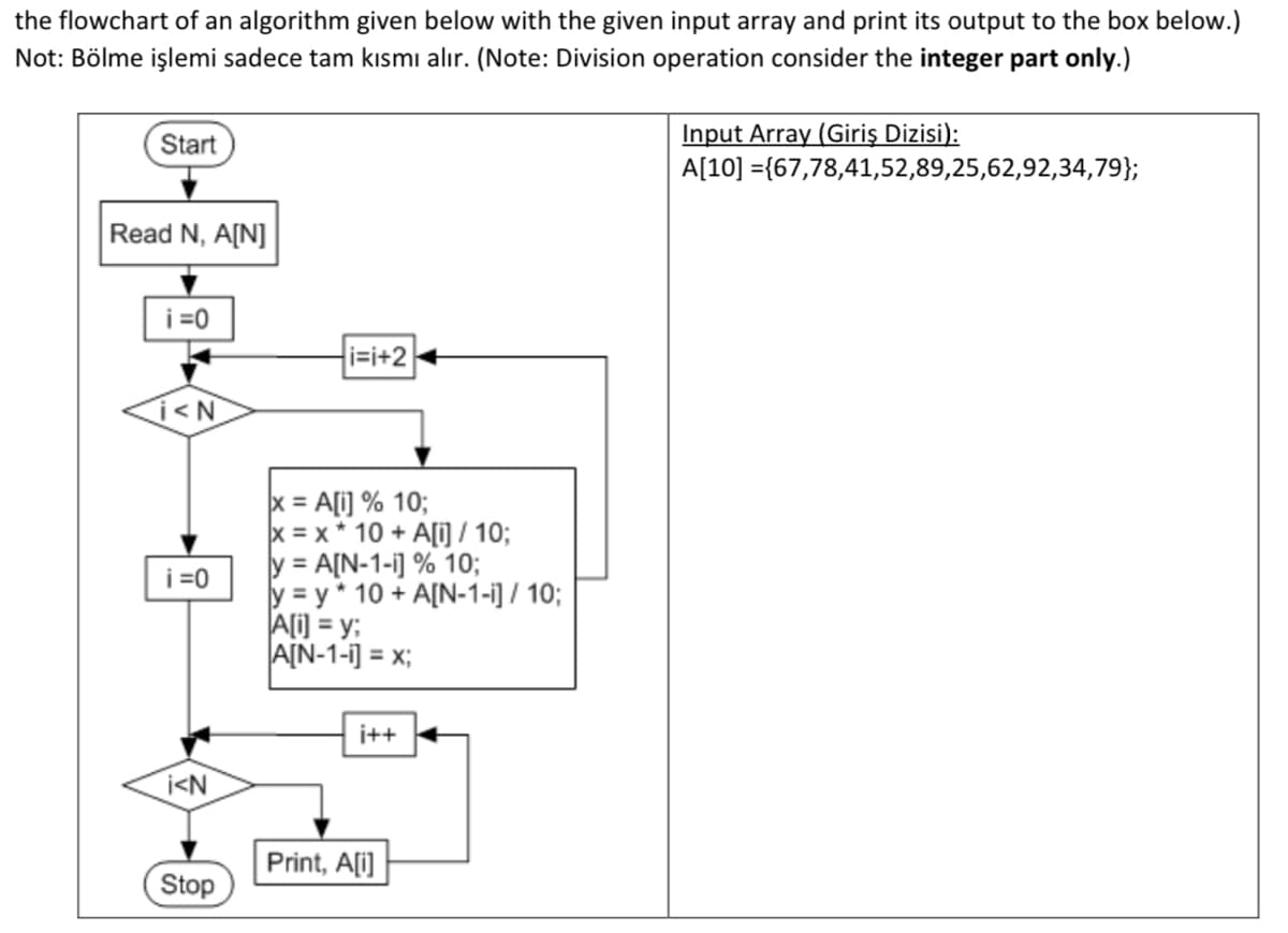 the flowchart of an algorithm given below with the given input array and print its output to the box below.)
Not: Bölme işlemi sadece tam kısmı alır. (Note: Division operation consider the integer part only.)
Start
Read N, A[N]
i=0
i<N
i=0
i<N
Stop
i=i+2
x = A[i] % 10;
x= x + 10 + A[i] / 10;
y = A[N-1-1] % 10;
y = y* 10 + A[N-1-i] / 10;
A[i] = y;
A[N-1-i] = x;
i++
Print, A[i]
Input Array(Giriş Dizisi):
A[10]
={67,78,41,52,89,25,62,92,34,79};