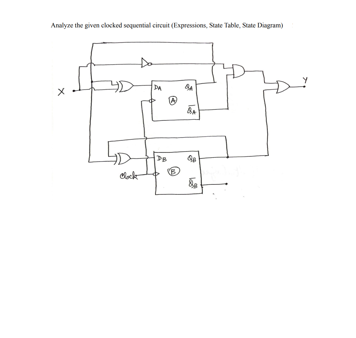 Analyze the given clocked sequential circuit (Expressions, State Table, State Diagram)
Do
DA
BA
BA
DB
(B
Clock
