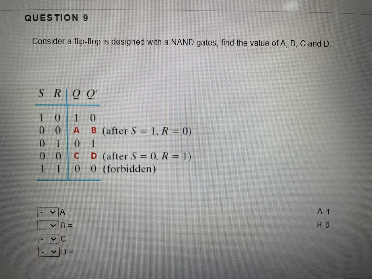 QUESTION 9
Consider a flip-flop is designed with a NAND gates, find the value of A, B, C and D.
S RQ Q'
101 0
0 0
0 10 1
0 0
1 1
B (after S 1, R = 0)
D (after S 0, R = 1)
0 0 (forbidden)
C.
%3D
VA =
А. 1
VIB =
B. 0
C =
||
>>>
