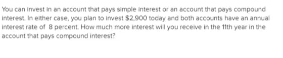 You can invest in an account that pays simple interest or an account that pays compound
interest. In either case, you plan to invest $2,900 today and both accounts have an annual
interest rate of 8 percent. How much more interest will you receive in the 11th year in the
account that pays compound interest?