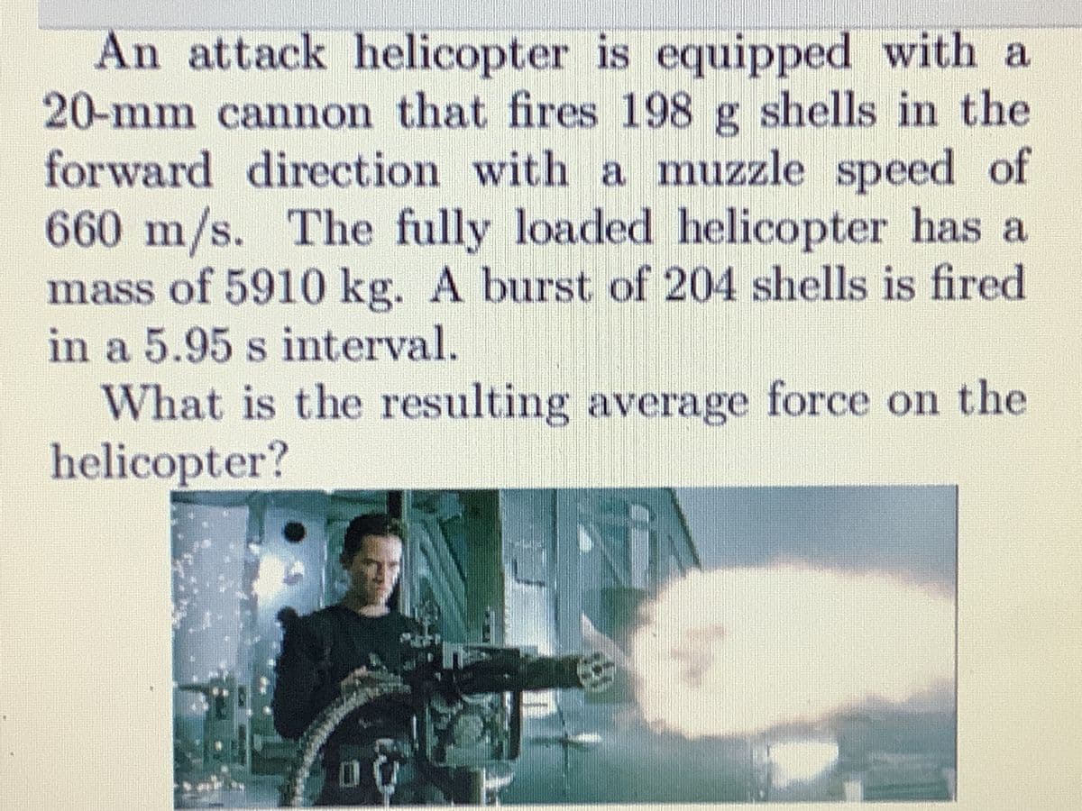 An attack helicopter is equipped with a
20-mm cannon that fires 198 g shells in the
forward direction with a muzzle speed of
660 m/s. The fully loaded helicopter has a
mass of 5910 kg. A burst of 204 shells is fired
in a 5.95 s interval.
What is the resulting average force on the
helicopter?
