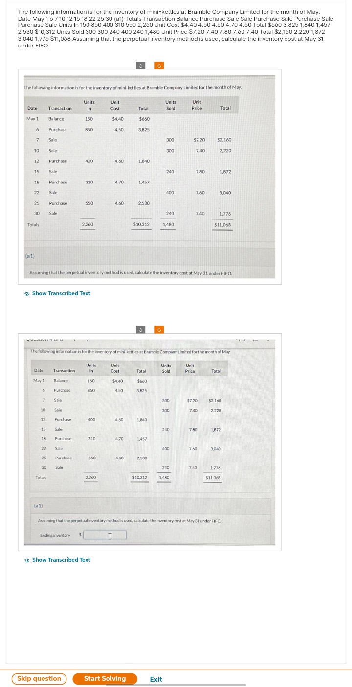 The following information is for the inventory of mini-kettles at Bramble Company Limited for the month of May.
Date May 16 7 10 12 15 18 22 25 30 (a1) Totals Transaction Balance Purchase Sale Sale Purchase Sale Purchase Sale
Purchase Sale Units In 150 850 400 310 550 2,260 Unit Cost $4.40 4.50 4.60 4.70 4.60 Total $660 3,825 1,840 1,457
2,530 $10,312 Units Sold 300 300 240 400 240 1,480 Unit Price $7.20 7.40 7.80 7.60 7.40 Total $2,160 2,220 1,872
3,040 1,776 $11,068 Assuming that the perpetual inventory method is used, calculate the inventory cost at May 31
under FIFO.
The following information is for the inventory of mini-kettles at Bramble Company Limited for the month of May.
Units
In
Date
May 1
6
7
10
12
15
18
22
25
30
(a1)
Totals
6
7
10
12
15
18
22
Transaction
25
Balance
30
Purchase
Totals
Sale
(a1)
Sale
Date Transaction
May 1
Balance
Purchase
Purchase
Sale
Show Transcribed Text
Purchase
Sale
Purchase
Sale
VEU
Sale
Sale
Purchase
Sale
Purchase
Sale
Purchase
Sale
150
850
400
Ending inventory
310
550
2,260
Skip question
$
Units
In
150
850
400
Assuming that the perpetual inventory method is used, calculate the inventory cost at May 31 under FIFO.
310
550
Unit
Cost
2,260
$4.40
Show Transcribed Text
The following information is for the inventory of mini-kettles at Bramble Company Limited for the month of May.
4.50
4.60
4.70
4.60
I
Unit
Cost
$4.40
4.50
4.60
4.70
Total
$660
3,825
4.60
1,840
1,457
Start Solving
2,530
$10,312
Total
$660
3,825
1,840
1,457
2,530
Ć
$10,312
Units
Sold
300
300
240
400
240
1,480
Units
Sold
300
300
Exit
240
400
240
Unit
Price
1,480
$7.20
7.40
7.80
Unit
Price
7.60
7.40
$7.20
7.40
7.80
7.60
$2,160
7.40
2,220
1,872
Total
3,040
1.776
$11,068
Assuming that the perpetual inventory method is used, calculate the inventory cost at May 31 under FIFO
Total
$2,160
2.220
1,872
3,040
1,776
$11,068