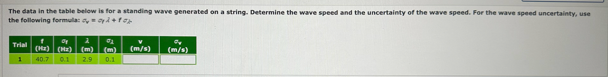 The data in the table below is for a standing wave generated on a string. Determine the wave speed and the uncertainty of the wave speed. For the wave speed uncertainty, use
the following formula: oyoq λ + fox
=
f
Trial
1
Of
(Hz) (Hz) (m)
40.7 0.1
2
02
V
Ov
(m)
(m/s)
(m/s)
2.9
0.1