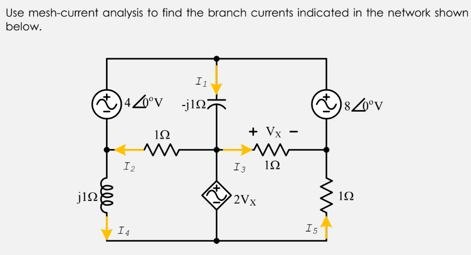 Use mesh-current analysis to find the branch currents indicated in the network shown
below.
I1
)40°v_ •j!Q7
84°v
+ Vx
12
I3
1Ω
I2
1Ω
2Vx
j12
I5
I4
ell
