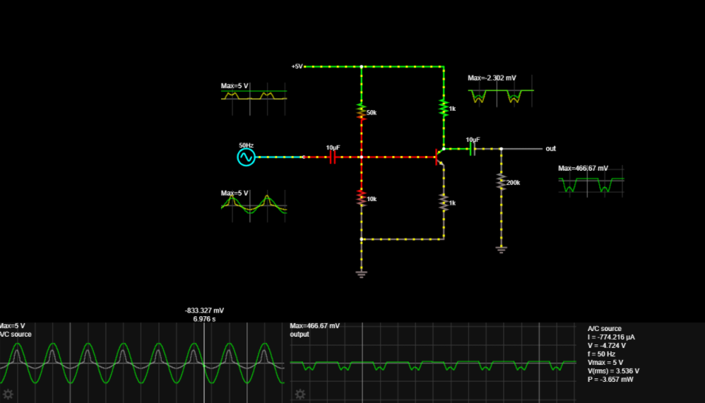 Max=-2.302 mv
Маx-5 V
M M
S0HZ
out
Max=466,67 mV
Max-5 V
-833.327 mV
6.976 s
ах-5 V
VC source
Max=466.67 mV
A/C source
|=-774.216 HA
V = -4.724 V
1 = 50 Hz
Vmax = 5 V
V(rms) = 3.536 V
P= -3.657 mW
output
