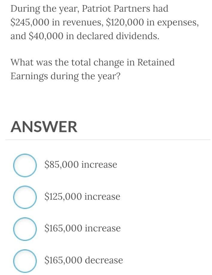 During the year, Patriot Partners had
$245,000 in revenues, $120,000 in expenses,
and $40,000 in declared dividends.
What was the total change in Retained
Earnings during the year?
ANSWER
$85,000 increase
$125,000 increase
$165,000 increase
$165,000 decrease