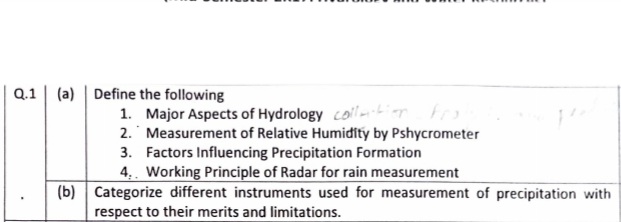 Q.1
(a) | Define the following
1. Major Aspects of Hydrology coit
2. Measurement of Relative Humidity by Pshycrometer
3. Factors Influencing Precipitation Formation
4.. Working Principle of Radar for rain measurement
(b) Categorize different instruments used for measurement of precipitation with
respect to their merits and limitations.
