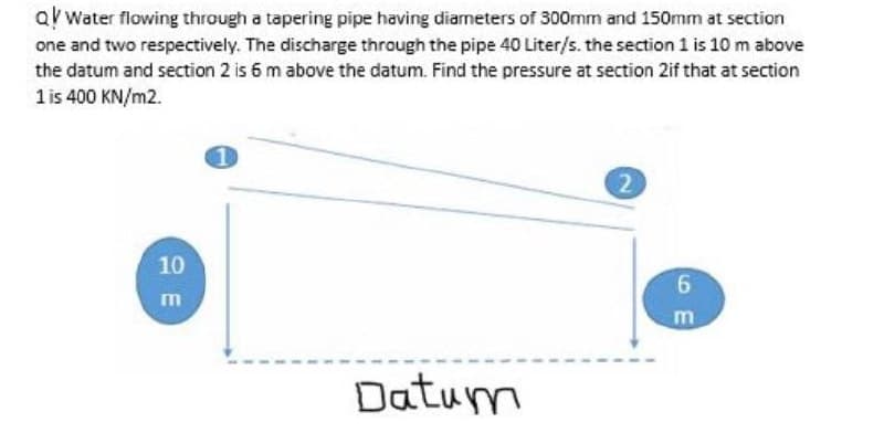 a! Water flowing through a tapering pipe having diameters of 300mm and 150mm at section
one and two respectively. The discharge through the pipe 40 Liter/s. the section 1 is 10 m above
the datum and section 2 is 6 m above the datum. Find the pressure at section 2if that at section
1 is 400 KN/m2.
10
6.
m
Datum
