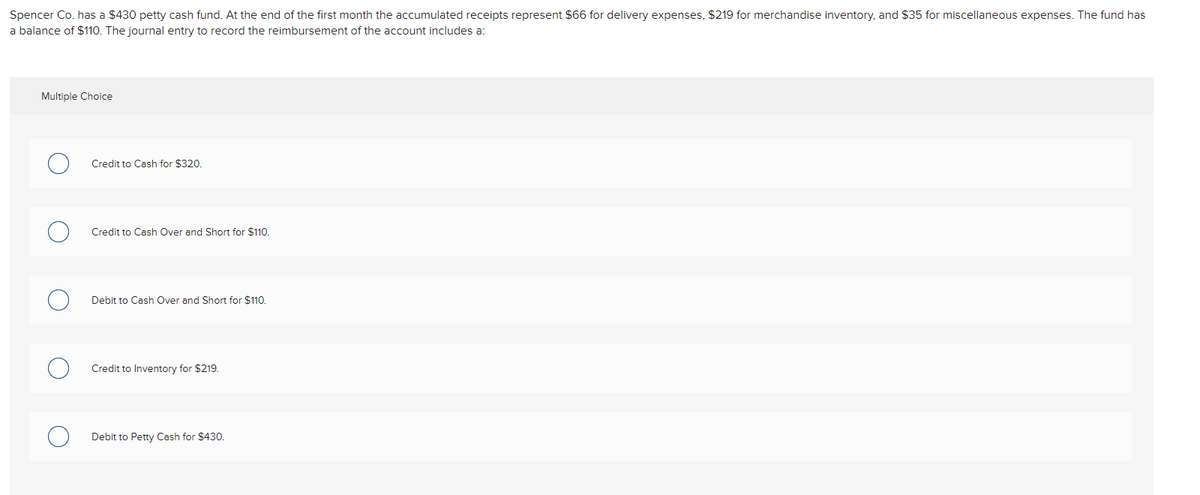 Spencer Co. has a $430 petty cash fund. At the end of the first month the accumulated receipts represent $66 for delivery expenses, $219 for merchandise inventory, and $35 for miscellaneous expenses. The fund has
a balance of $110. The journal entry to record the reimbursement of the account includes a:
Multiple Choice
Credit to Cash for $320.
Credit to Cash Over and Short for $110.
Debit to Cash Over and Short for $110.
Credit to Inventory for $219.
Debit to Petty Cash for $430.

