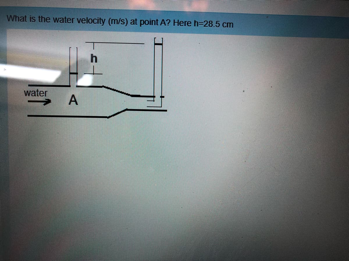 What is the water velocity (m/s) at point A? Here h-28.5 cm
water
A

