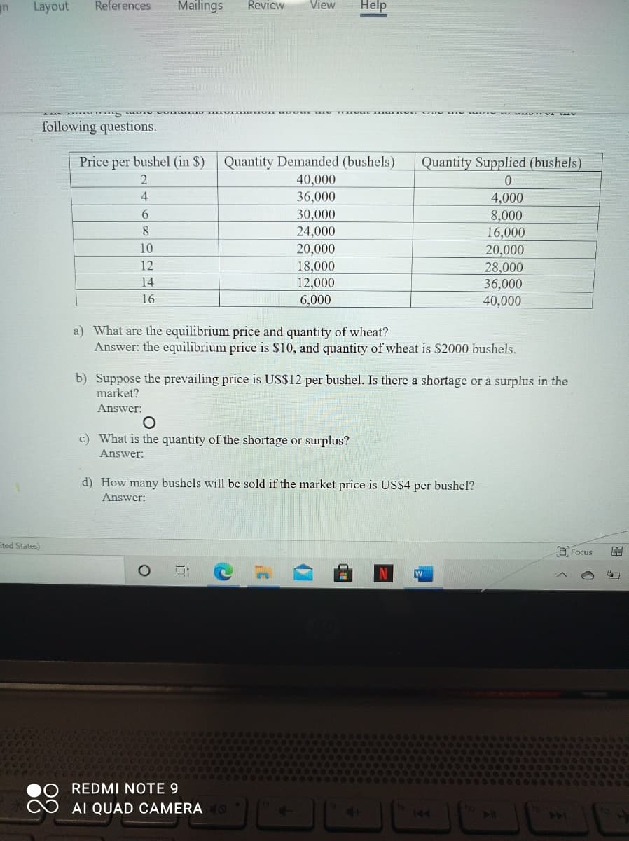 an
Layout
References
Mailings
Review
View
Help
CA ..A
following questions.
Quantity Demanded (bushels)
40,000
Price per bushel (in $)
Quantity Supplied (bushels)
2
4
36,000
4,000
6.
30,000
24,000
8,000
16,000
10
20,000
20,000
28,000
36,000
40,000
12
18,000
14
12,000
16
6,000
a) What are the equilibrium price and quantity of wheat?
Answer: the equilibrium price is $10, and quantity of wheat is $2000 bushels.
b) Suppose the prevailing price is US$12 per bushel. Is there a shortage or a surplus in the
market?
Answer:
c) What is the quantity of the shortage or surplus?
Answer:
d) How many bushels will be sold if the market price is US$4 per bushel?
Answer:
ited States)
B Focus
REDMI NOTE 9
AI QUAD CAMERA
144
