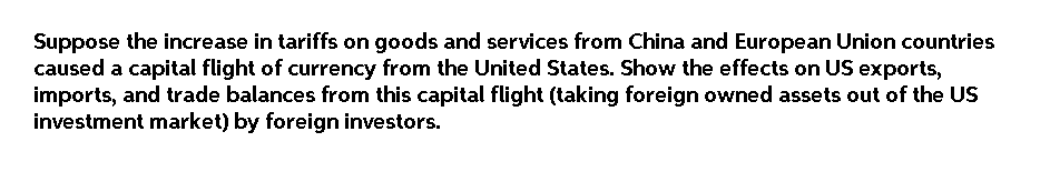 Suppose the increase in tariffs on goods and services from China and European Union countries
caused a capital flight of currency from the United States. Show the effects on US exports,
imports, and trade balances from this capital flight (taking foreign owned assets out of the US
investment market) by foreign investors.
