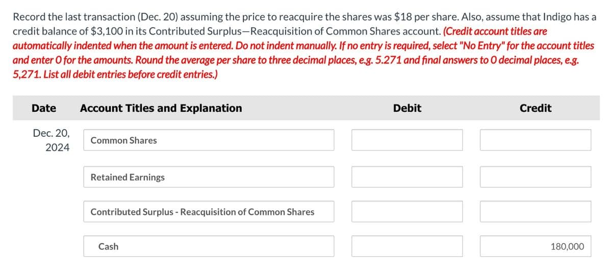 Record the last transaction (Dec. 20) assuming the price to reacquire the shares was $18 per share. Also, assume that Indigo has a
credit balance of $3,100 in its Contributed Surplus-Reacquisition of Common Shares account. (Credit account titles are
automatically indented when the amount is entered. Do not indent manually. If no entry is required, select "No Entry" for the account titles
and enter O for the amounts. Round the average per share to three decimal places, e.g. 5.271 and final answers to O decimal places, e.g.
5,271. List all debit entries before credit entries.)
Date
Dec. 20,
2024
Account Titles and Explanation
Common Shares
ned Earnings
Contributed Surplus - Reacquisition of Common Shares
Cash
Debit
Credit
180,000