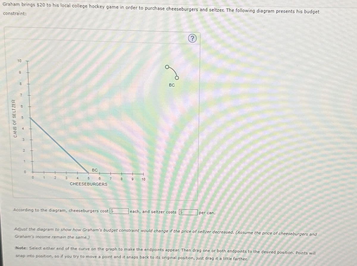 Graham brings $20 to his local college hockey game in order to purchase cheeseburgers and seltzer. The following diagram presents his budget
constraint:
CANS OF SELTZER
10
6
B
5
4
3
r
0
1
2
BC
4
5 6
CHEESEBURGERS
7
According to the diagram, cheeseburgers cost $
8
9
10
BC
each, and seltzer costs $
(?)
per can.
Adjust the diagram to show how Graham's budget constraint would change if the price of seltzer decreased. (Assume the price of cheeseburgers and
Graham's income remain the same.)
Note: Select either end of the curve on the graph to make the endpoints appear. Then drag one or both endpoints to the desired position. Points will
snap into position, so if you try to move a point and it snaps back to its original position, just drag it a little farther.