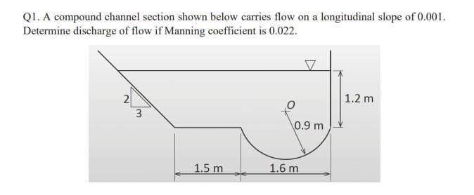 Q1. A compound channel section shown below carries flow on a longitudinal slope of 0.001.
Determine discharge of flow if Manning coefficient is 0.022.
2
1.2 m
3
0.9 m
1.5 m
1.6 m
