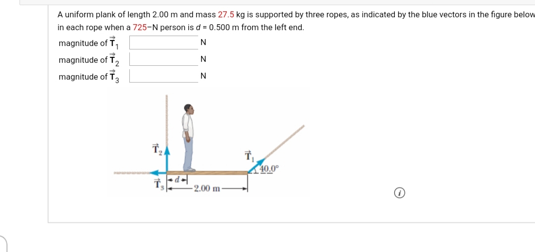 A uniform plank of length 2.00 m and mass 27.5 kg is supported by three ropes, as indicated by the blue vectors in the figure below
in each rope when a 725-N person is d = 0.500 m from the left end.
magnitude of T,
N
magnitude of T,
N
magnitude of T,
N
40.0°
-2.00 m

