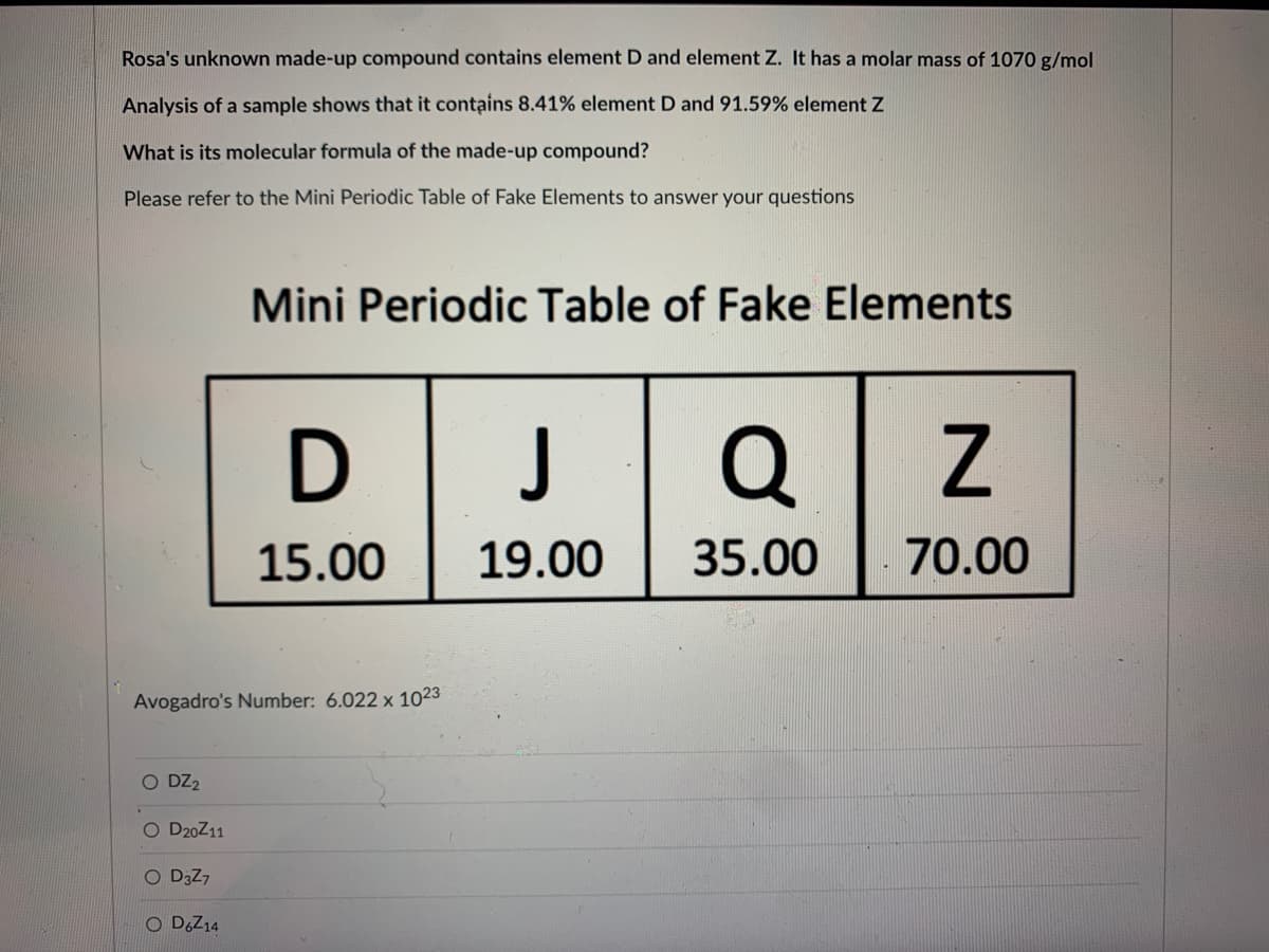 Rosa's unknown made-up compound contains element D and element Z. It has a molar mass of 1070 g/mol
Analysis of a sample shows that it contains 8.41% element D and 91.59% element Z
What is its molecular formula of the made-up compound?
Please refer to the Mini Periodic Table of Fake Elements to answer your questions
Mini Periodic Table of Fake Elements
O DZ2
O D20 Z11
D3Z7
O D6Z₁4
DJ
15.00
Avogadro's Number: 6.022 x 1023
19.00
Q
Z
35.00 70.00
