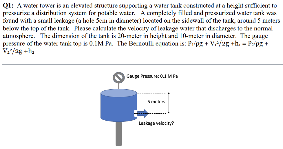 Q1: A water tower is an elevated structure supporting a water tank constructed at a height sufficient to
pressurize a distribution system for potable water. A completely filled and pressurized water tank was
found with a small leakage (a hole 5cm in diameter) located on the sidewall of the tank, around 5 meters
below the top of the tank. Please calculate the velocity of leakage water that discharges to the normal
atmosphere. The dimension of the tank is 20-meter in height and 10-meter in diameter. The gauge
pressure of the water tank top is 0.1M Pa. The Bernoulli equation is: P₁/pg + V₁²/2g +h₁ = P₂/pg +
V₂²/2g +h₂
Gauge Pressure: 0.1 M Pa
5 meters
Leakage velocity?