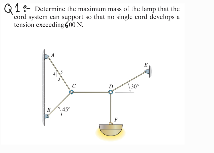 Q1:- Determine the maximum mass of the lamp that the
cord system can support so that no single cord develops a
tension exceeding 600 N.
A
E
5
C
D
30°
B
45°
F
