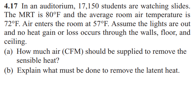 4.17 In an auditorium, 17,150 students are watching slides.
The MRT is 80°F and the average room air temperature is
72°F. Air enters the room at 57°F. Assume the lights are out
and no heat gain or loss occurs through the walls, floor, and
ceiling.
(a) How much air (CFM) should be supplied to remove the
sensible heat?
(b) Explain what must be done to remove the latent heat.
