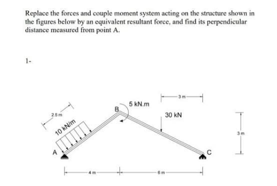 Replace the forces and couple moment system acting on the structure shown in
the figures below by an equivalent resultant force, and find its perpendicular
distance measured from point A.
1-
3 m
5 kN.m
2.5m
30 kN
10 kN/m
3 m
im
6 m

