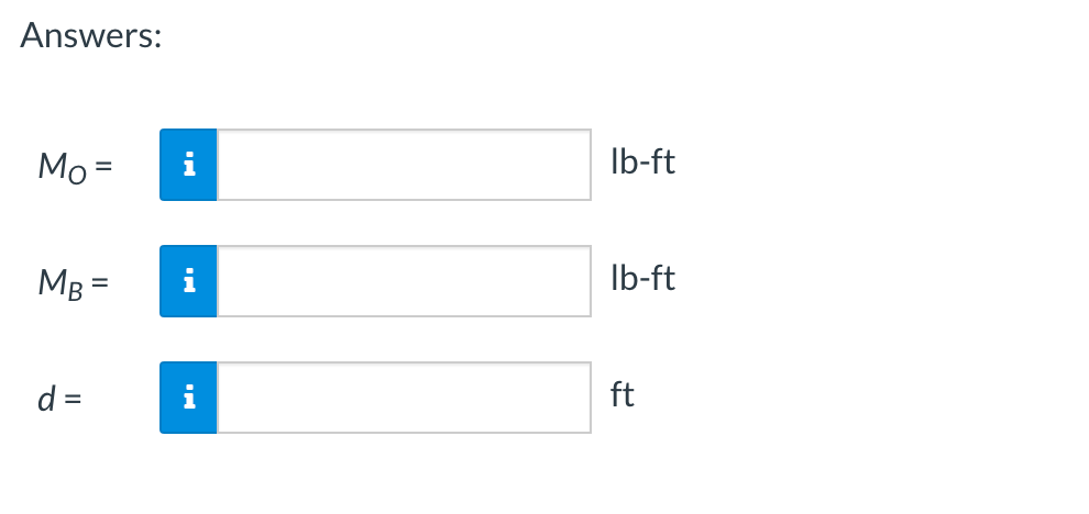 Answers:
Mo=
MB =
d =
lb-ft
lb-ft
ft