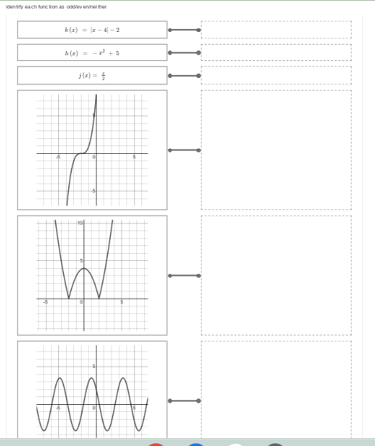 identity each function as odd/even/hel ther
k(x) = |z-4-2
h(z) = ² + 5
j(x) = 4
ol
-51
104
W
-54
MA