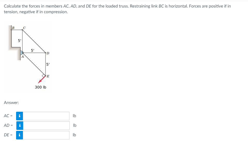 Calculate the forces in members AC, AD, and DE for the loaded truss. Restraining link BC is horizontal. Forces are positive if in
tension, negative if in compression.
5'
5'
5'
300 Ib
Answer:
AC =
Ib
AD =
i
Ib
DE =
i
Ib
