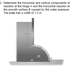 2. Determine the horizontal and vertical components of
reaction at the hinge A and the horizontal reaction at
the smooth surface B caused by the water pressure.
The plate has a width of 1.2 m.
2.7 m