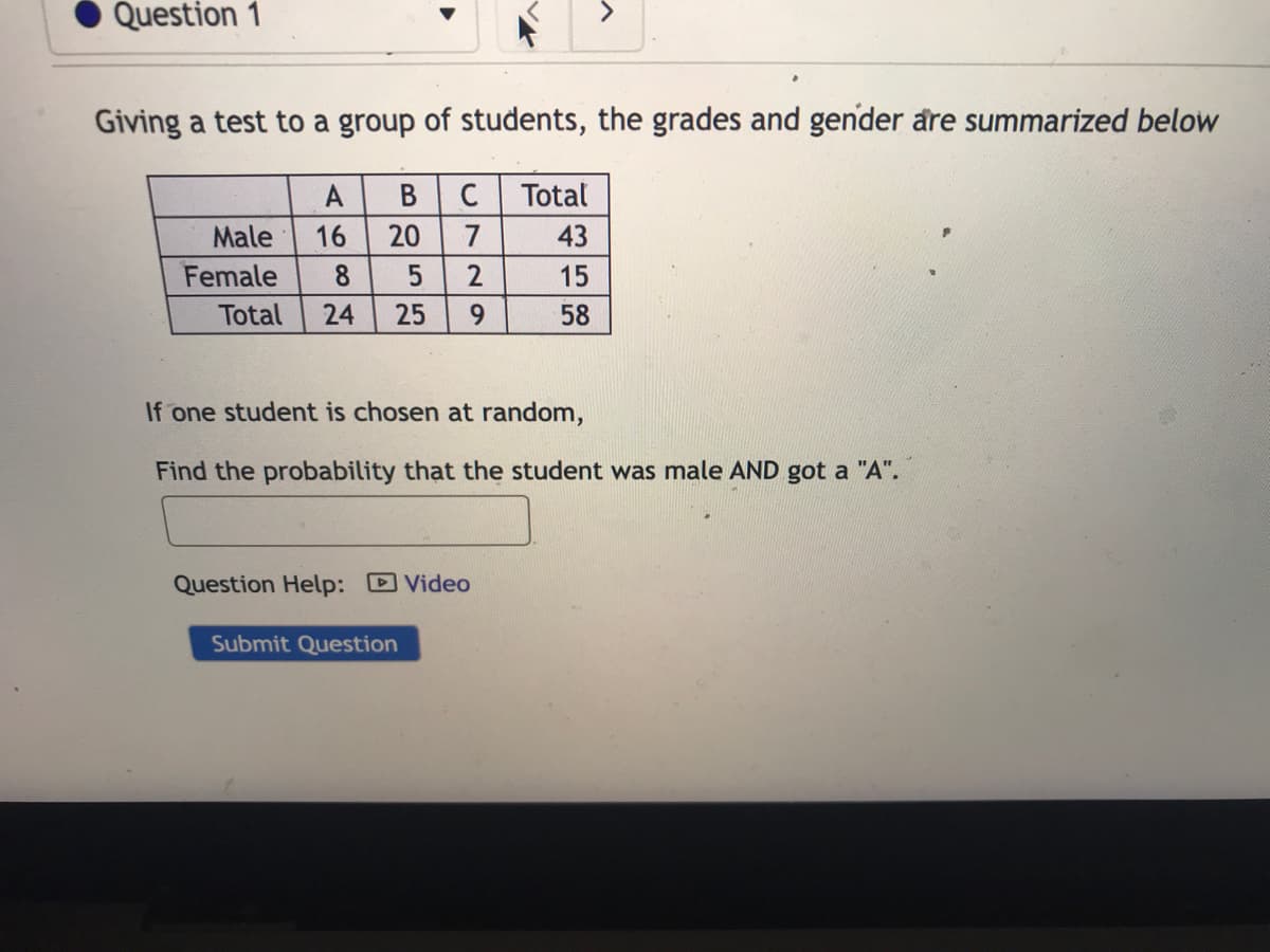 Question 1
Giving a test to a group of students, the grades and gender are summarized below
A
Male
Female
16 20
3055
8
Total 24 25
C
7
2
9
Submit Question
If one student is chosen at random,
Find the probability that the student was male AND got a "A".
Question Help: Video
Total
43
15
58